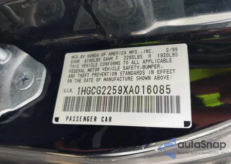 1999 Honda Accord Ex V6 z USA, uszkodzony, nr VIN 1HGCG2259XA016085